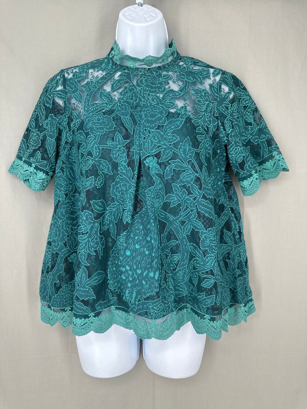 HD Paris Anthropologie Top Small Green Lace Cottage Peacock Boho Flowy Boxy